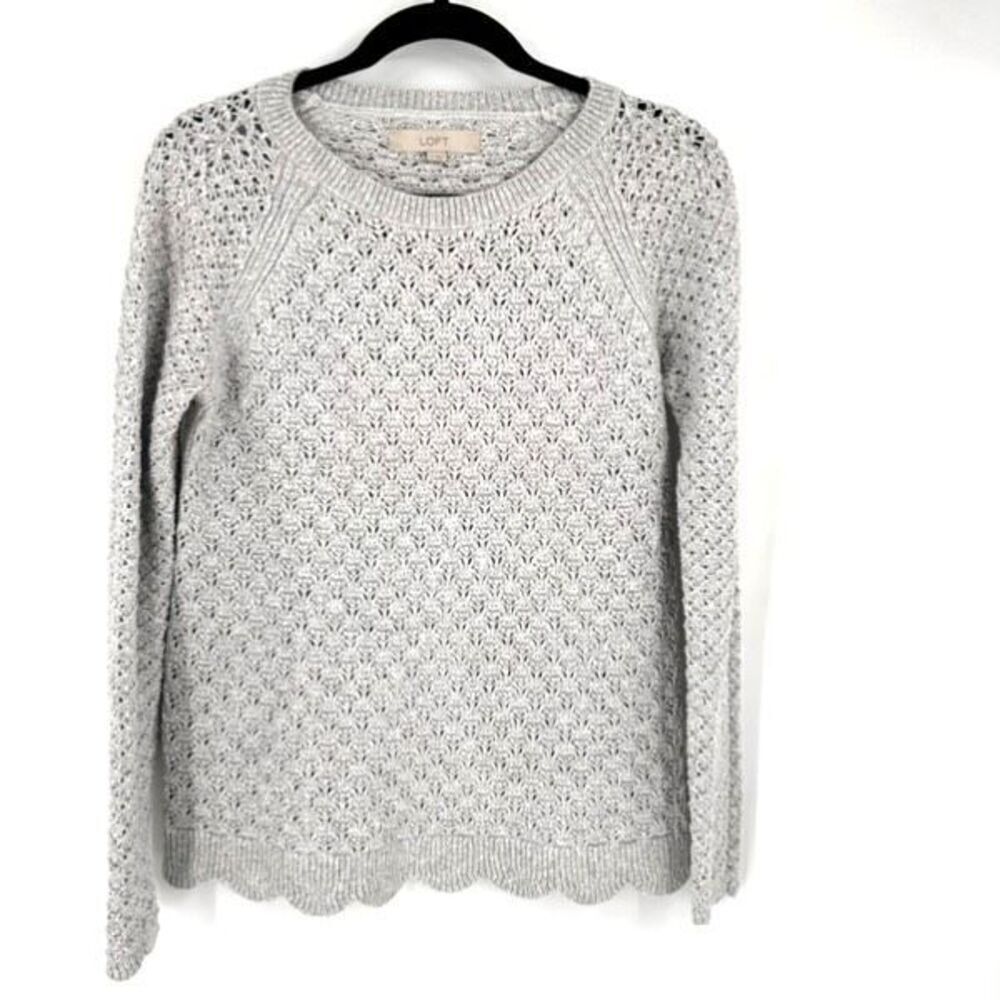 Loft Womens Open Knit Scalloped Hem Pointelle Sleeve Pullover Sweater Gray Small